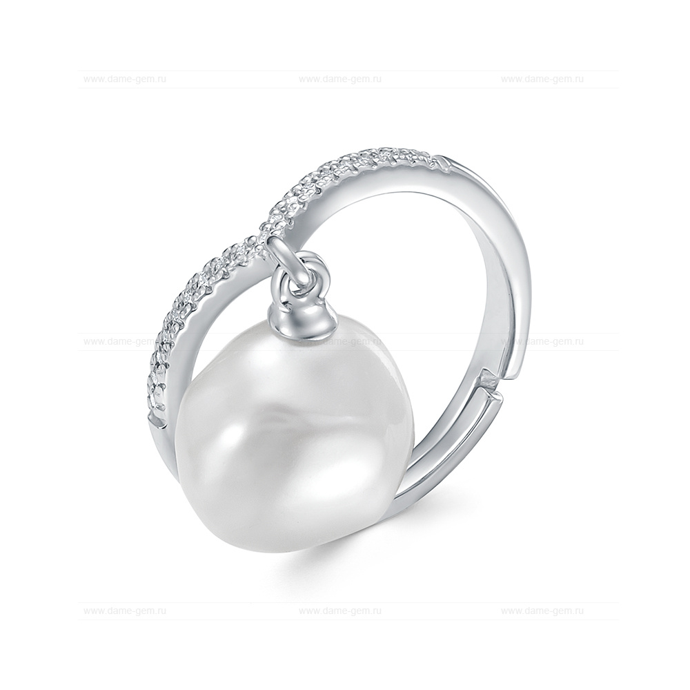 Кольцо из серебра 925 пробы с белой барочной жемчужиной 13 мм. Артикул 11118