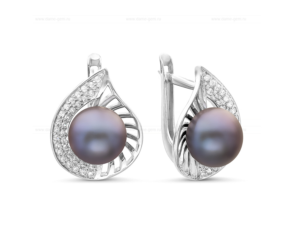 Серьги из серебра с черными жемчужинами 8,5-9 мм. Артикул 11336