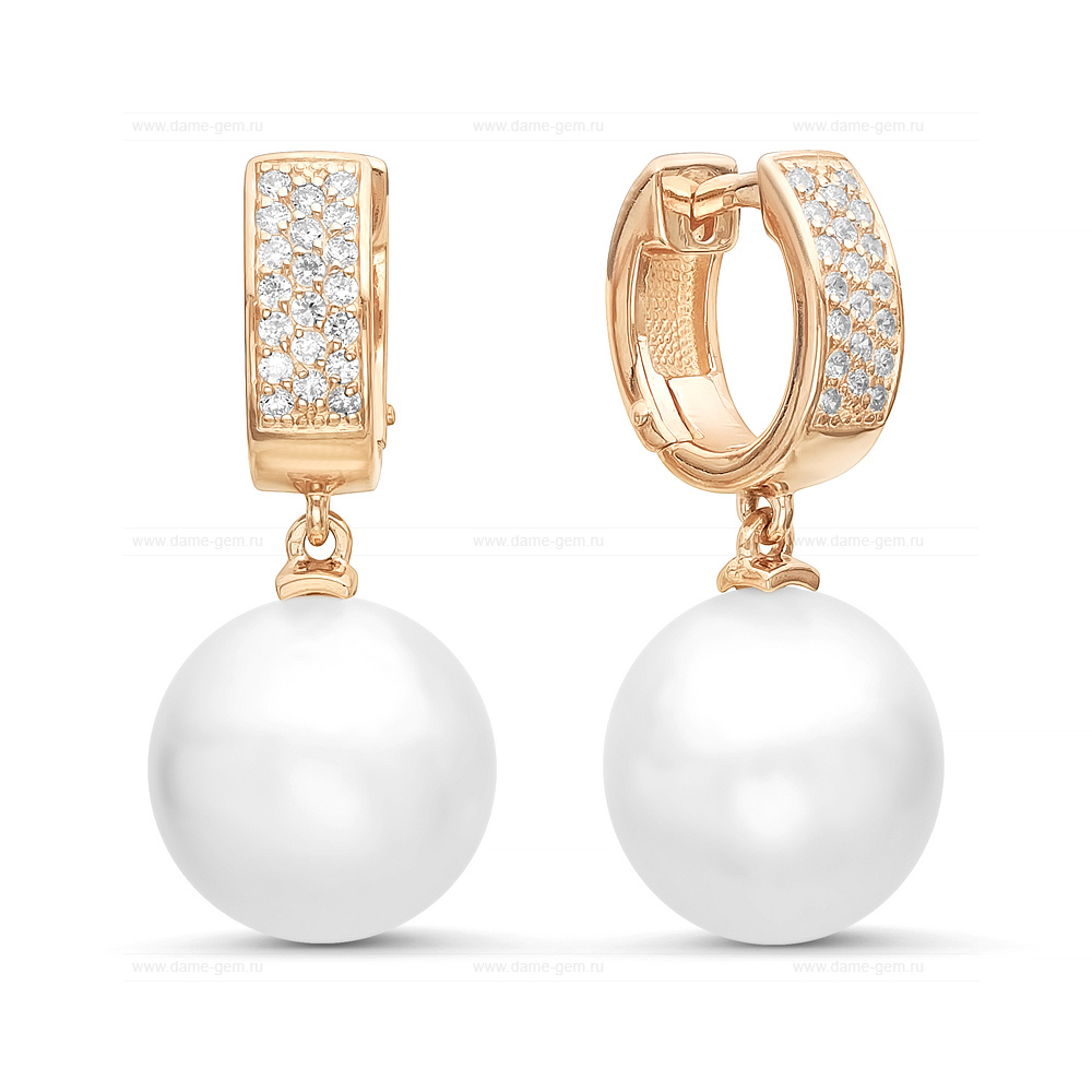 Серьги из серебра с японскими белыми жемчужинами 13-13,5 мм. Артикул 11367