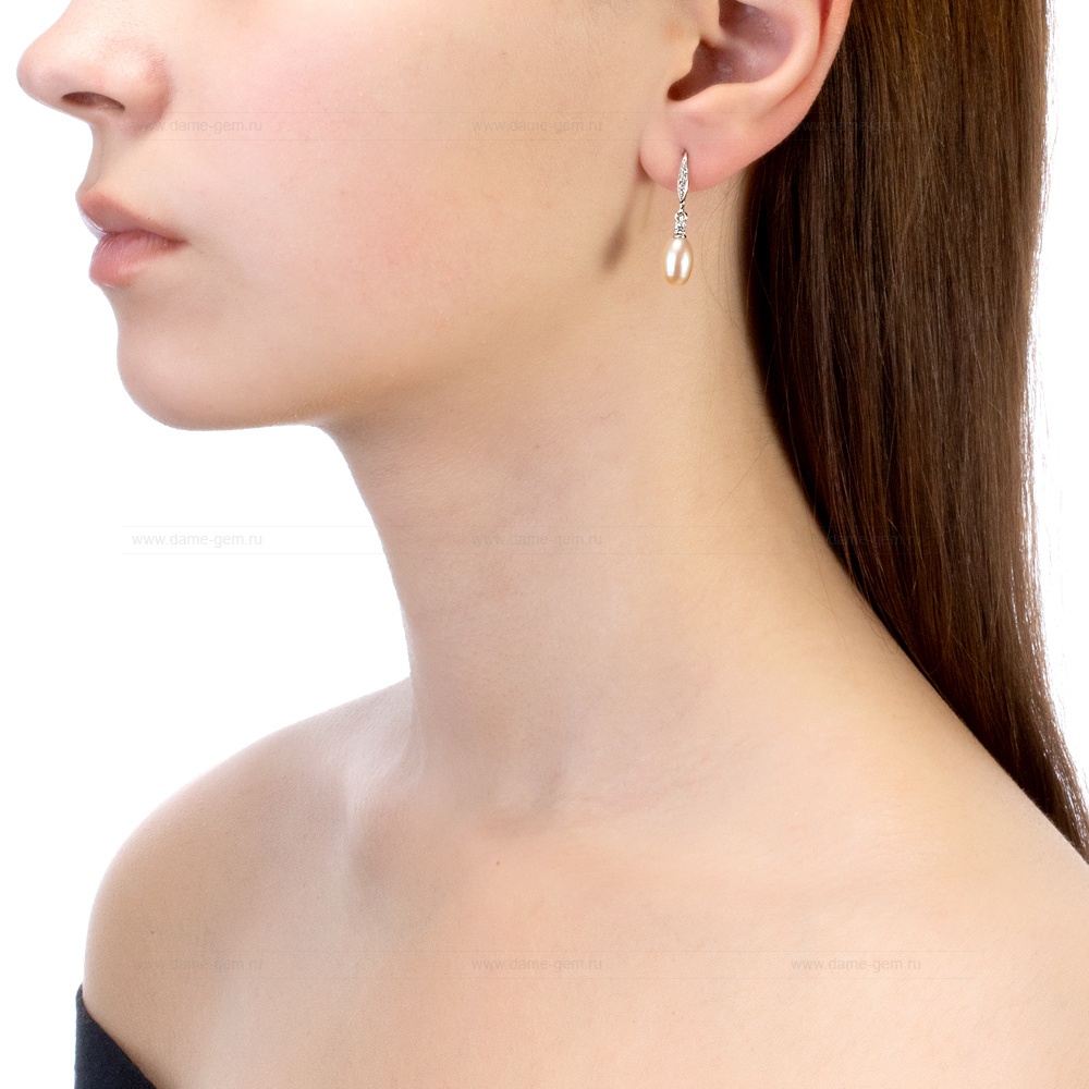 Серьги из серебра с розовыми жемчужинами 7,5-8 мм. Артикул 10110