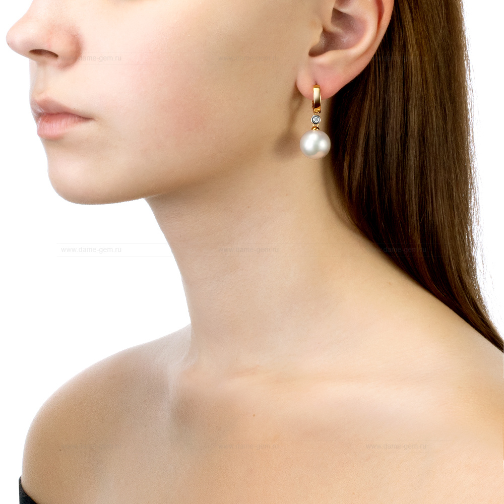 Серьги из серебра с японскими белыми жемчужинами 13-14 мм. Артикул 11307