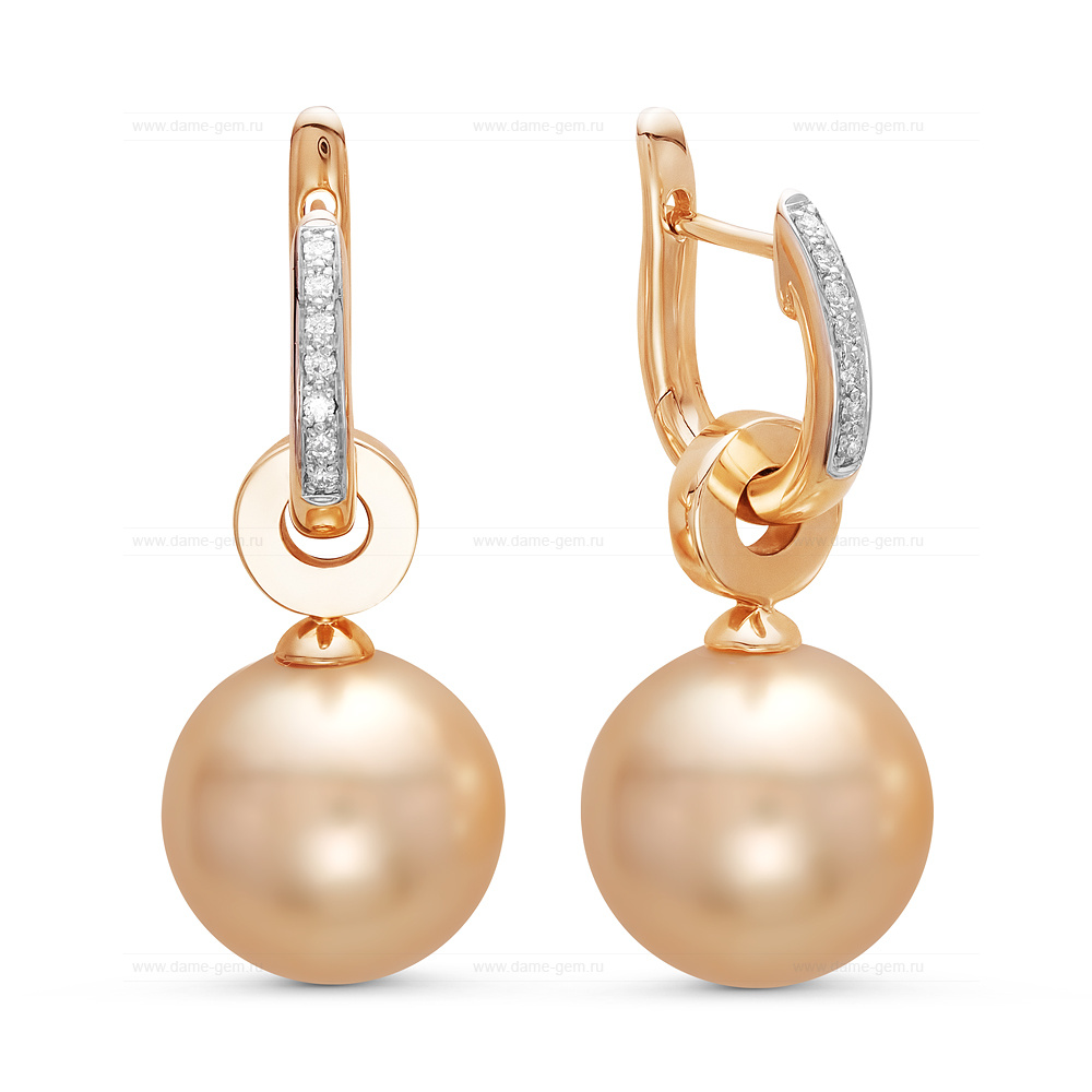 Серьги из золота 585 пробы с золотистыми Австралийскими жемчужинами 12,6-12,9 мм. Артикул 10017