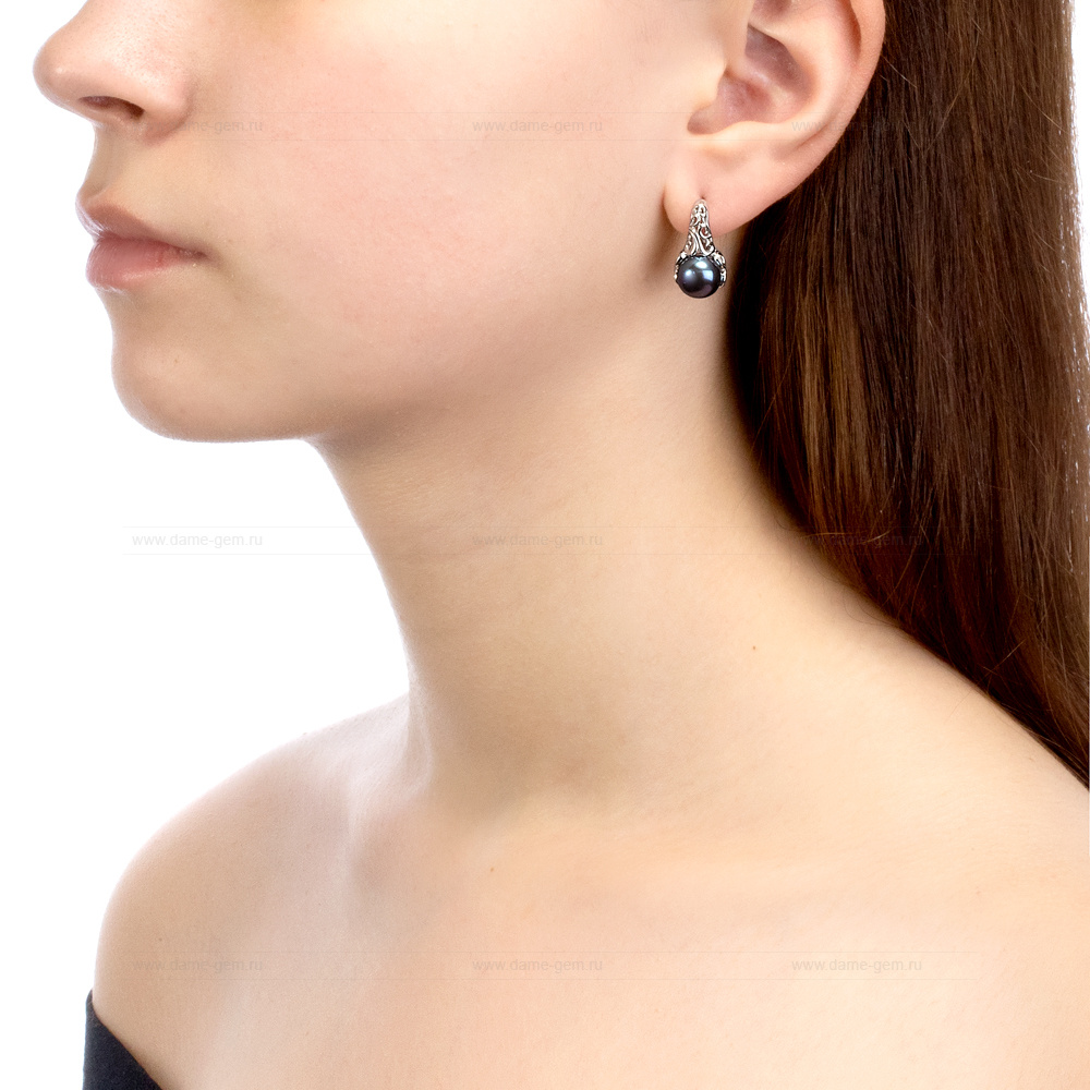 Серьги из серебра с черными жемчужинами 8,5-9 мм. Артикул 7859