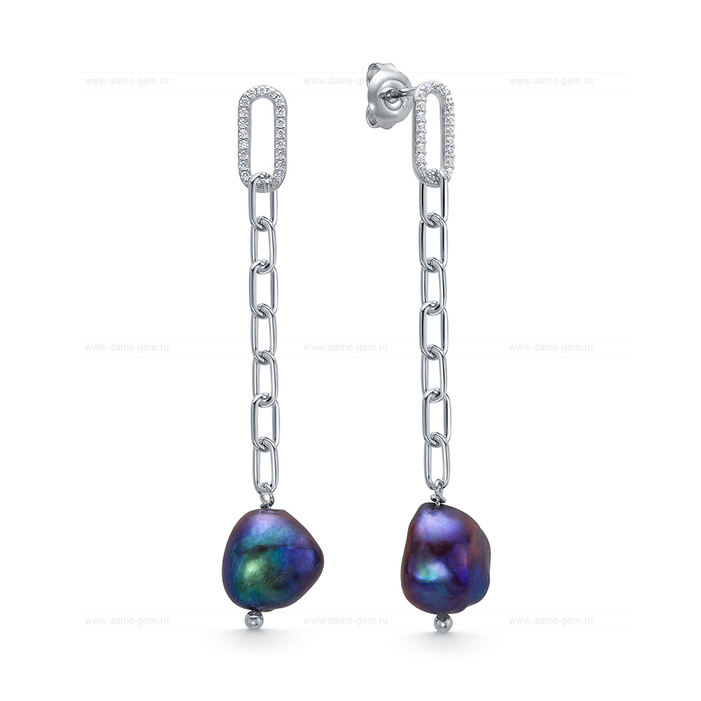 Серьги из серебра с черными барочными жемчужинами 10-11 мм. Артикул 12716