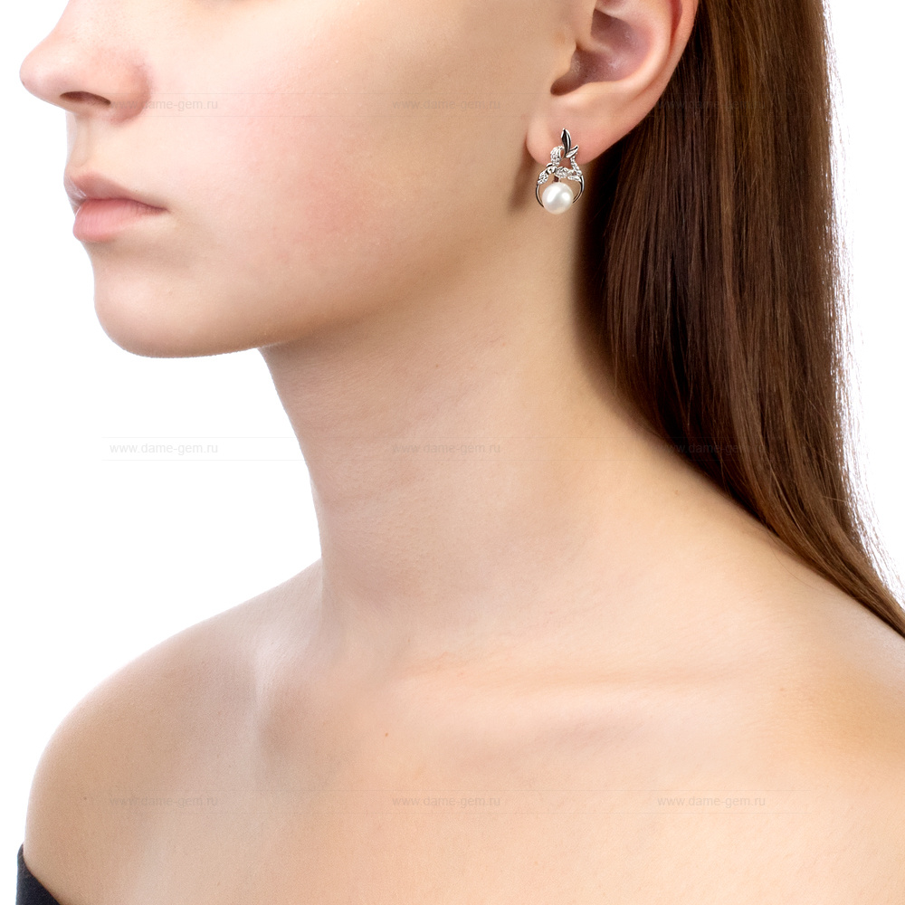 Серьги из серебра с белыми жемчужинами 8-8,5 мм. Артикул 9619