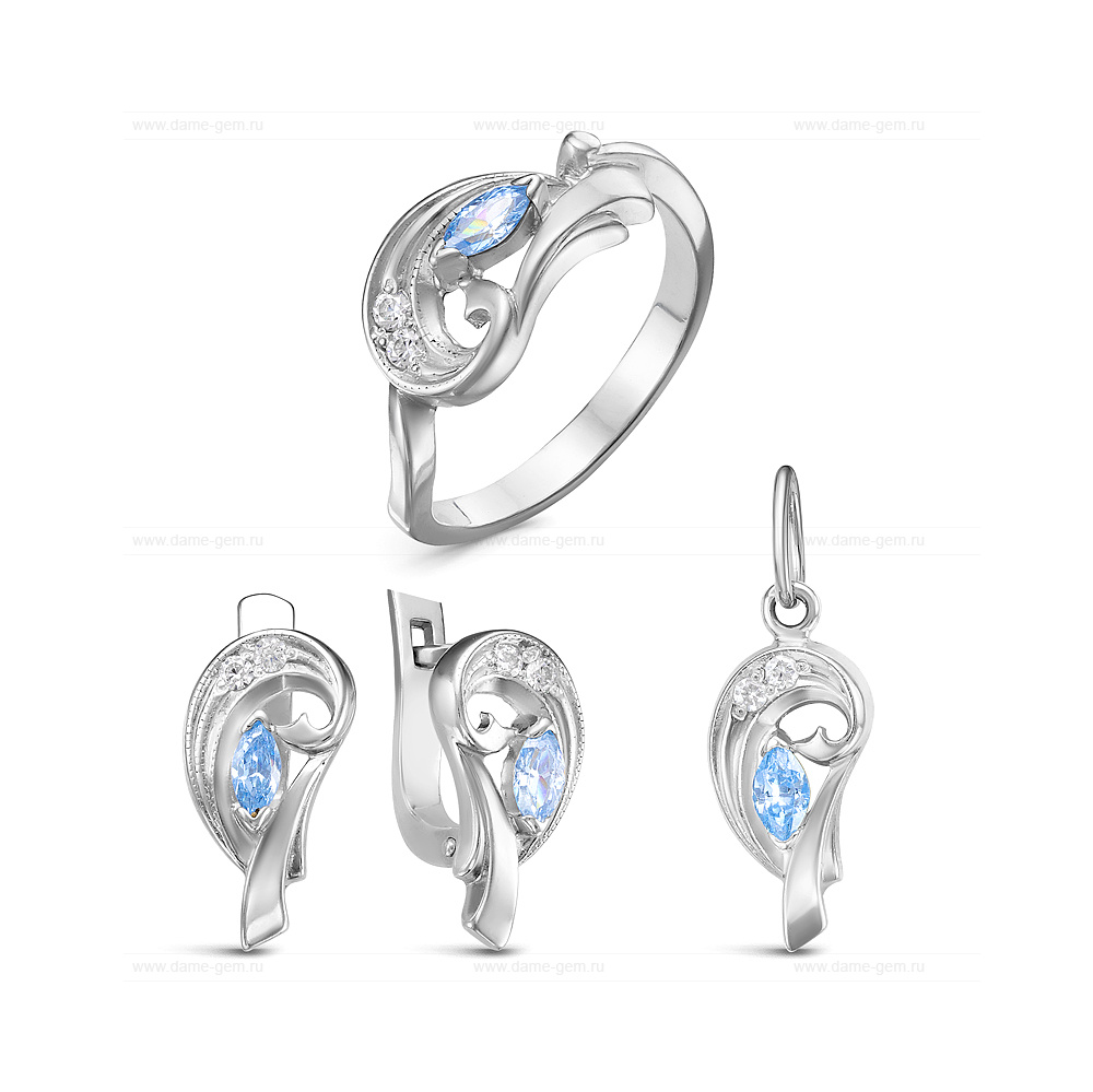 Комплект из серебра 925 пробы с фианитами. Серьги, кольцо и кулон. Артикул 12576