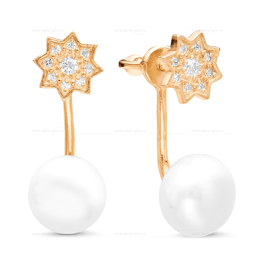 Двойные пусеты "Dior" из серебра с белыми жемчужинами 8,5-9 мм. Артикул 11622