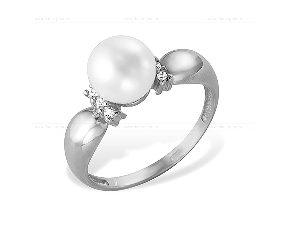 Кольцо из белого золота 585 пробы с белой жемчужиной 7-7,5 мм. Артикул 12028