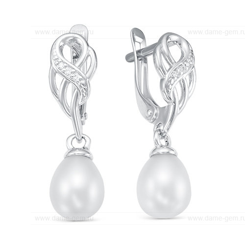 Серьги из серебра с белыми жемчужинами 7,5-8 мм. Артикул 12199