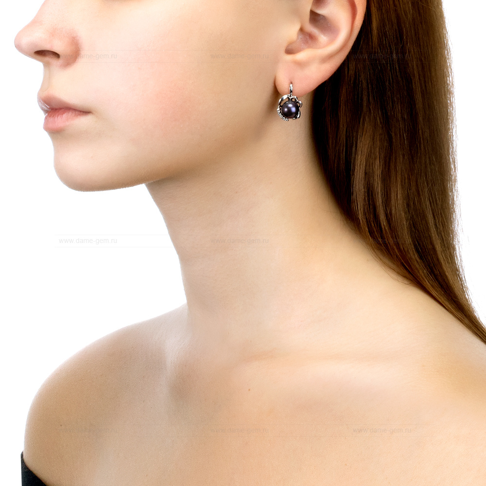 Серьги из серебра с черными жемчужинами 8,5-9 мм. Артикул 11341