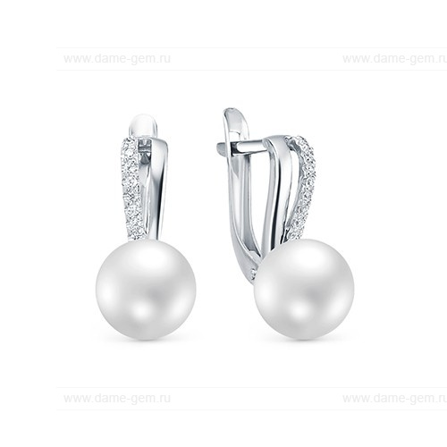 Серьги из серебра с белыми жемчужинами 8-8,5 мм. Артикул 10419