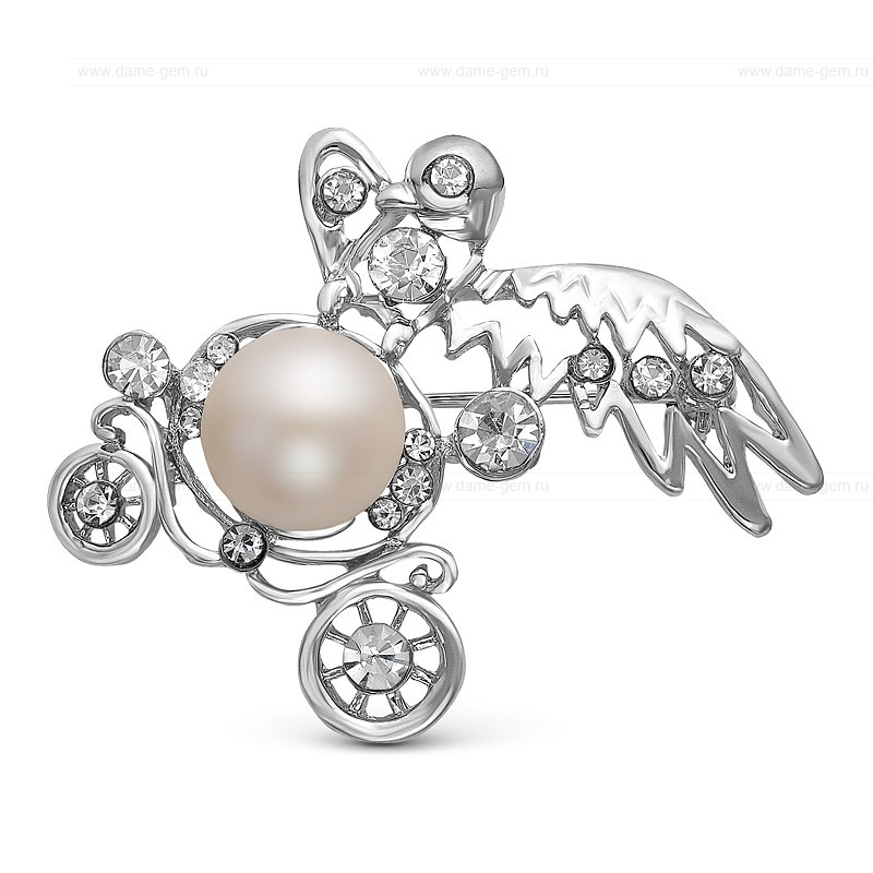 Брошь "Птица" из сплава с белой жемчужиной 11 мм. Артикул 10024