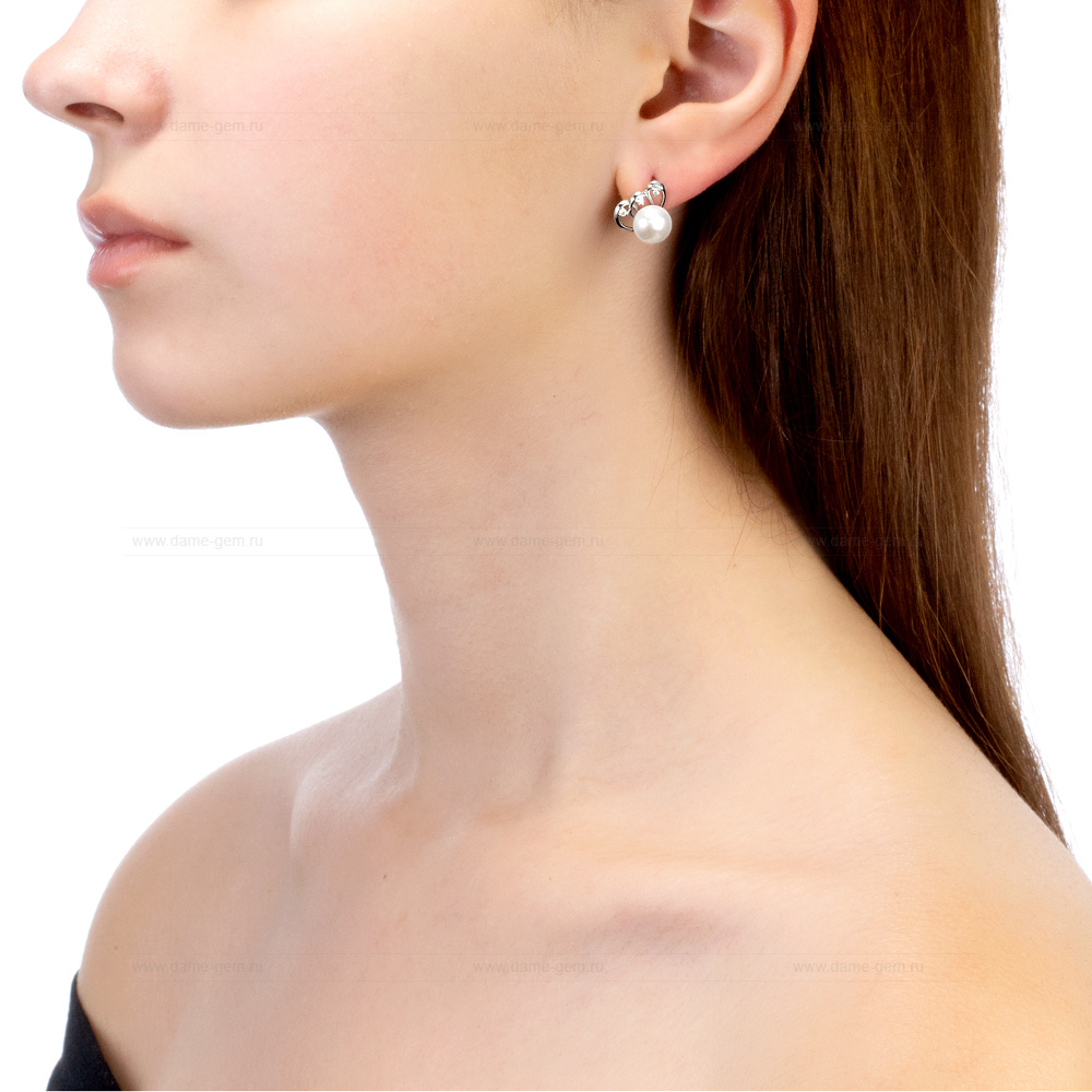 Серьги из серебра с белыми жемчужинами 8,5-9 мм. Артикул 12113
