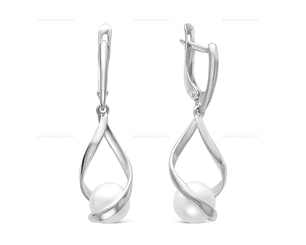 Серьги из белого золота с белыми жемчужинами 8 мм. Артикул 12181
