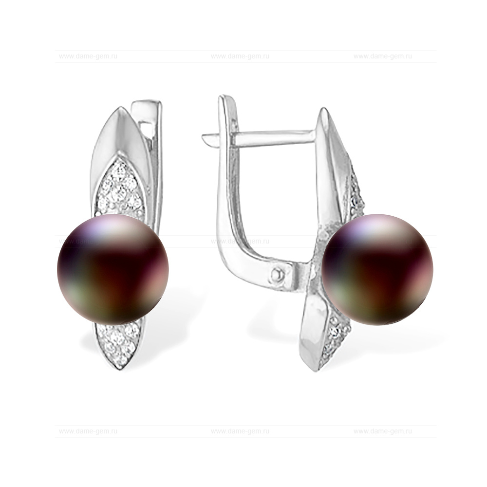 Серьги из серебра с черными жемчужинами 7,5-8 мм. Артикул 11485