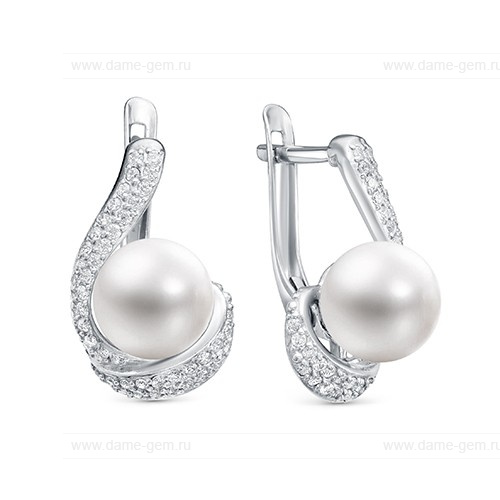 Серьги из серебра с белыми жемчужинами 8-8,5 мм. Артикул 10803