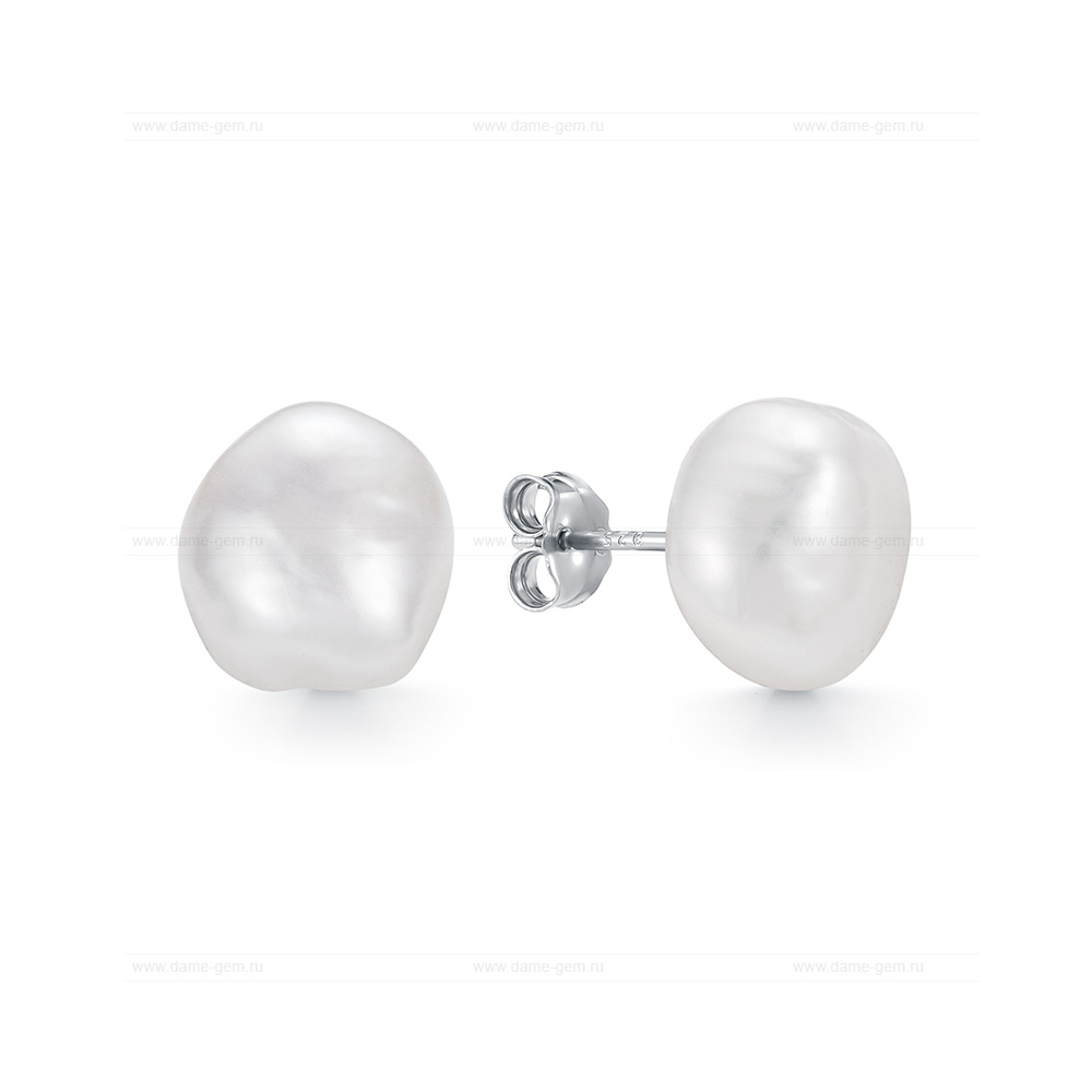 Пусеты из серебра с белыми жемчужинами "барокко" 10-11 мм. Артикул 11775 Пусеты из серебра с белыми жемчужинами "барокко" 10-11 мм. Артикул 11775