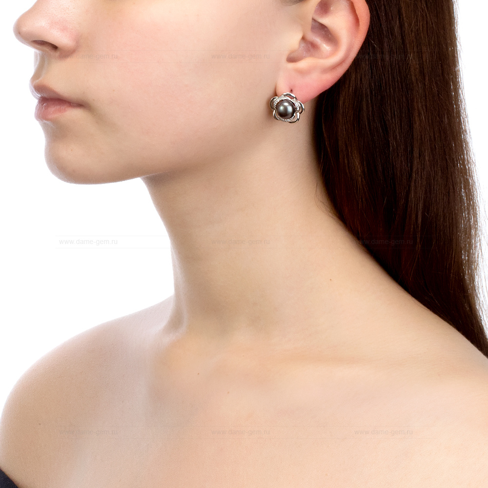 Серьги из серебра с черными жемчужинами 8,5-9 мм. Артикул 10402