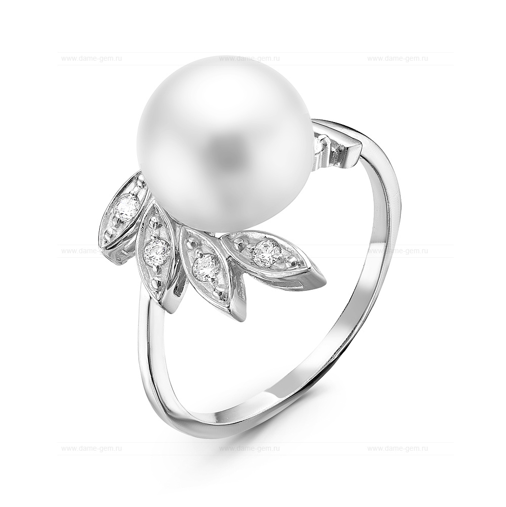Кольцо из серебра 925 пробы с белой речной жемчужиной 9-9,5 мм. Артикул 10861