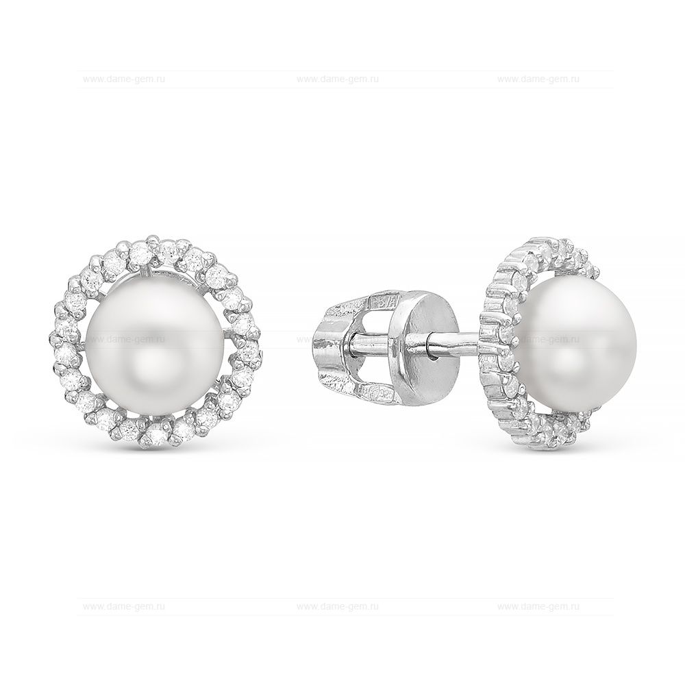 Серьги-пусеты из серебра с белыми жемчужинами 7-7,5 мм. Артикул 10416