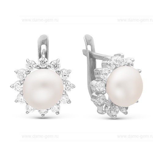 Серьги из серебра с белыми жемчужинами 7,5-8 мм. Артикул 11580