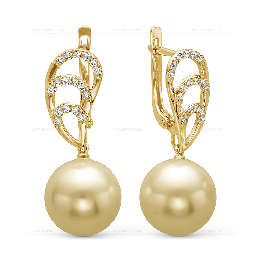 Серьги из золота 585 пробы с золотистыми Австралийскими жемчужинами 13-13,5 мм. Артикул 10656