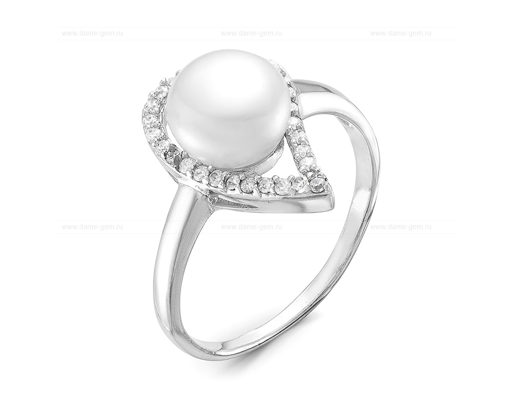 Кольцо из серебра 925 пробы с белым речным жемчугом 8 мм. Артикул 10623