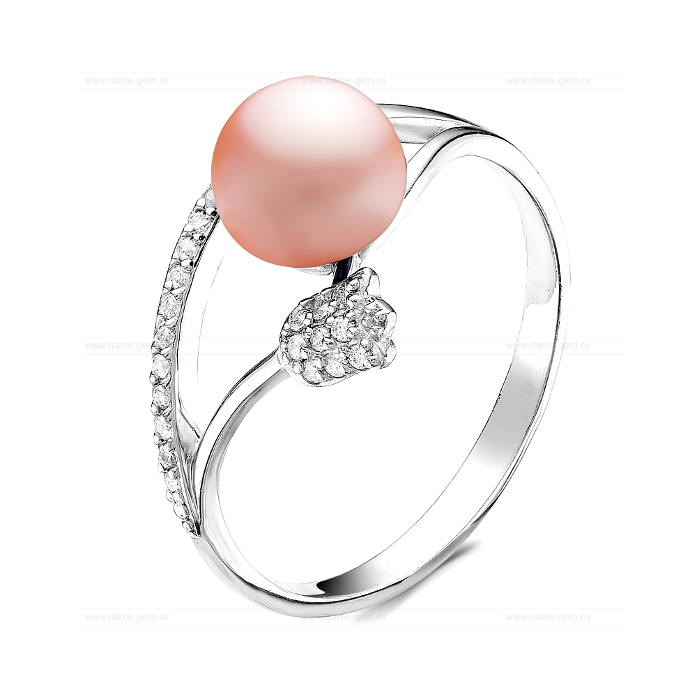 Кольцо из серебра 925 пробы с розовой жемчужиной 7,5-8 мм. Артикул 10912