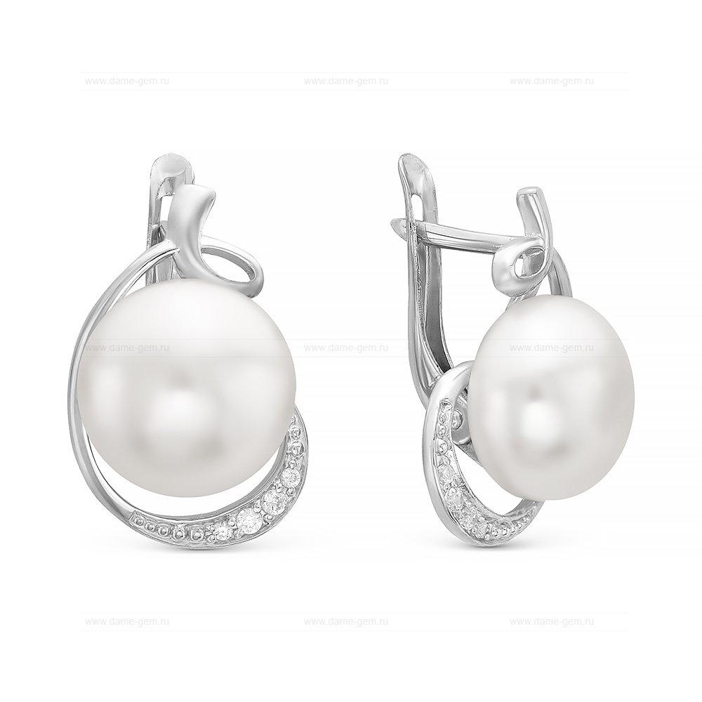 Серьги из серебра с белыми жемчужинами 9,5-10 мм. Артикул 10403