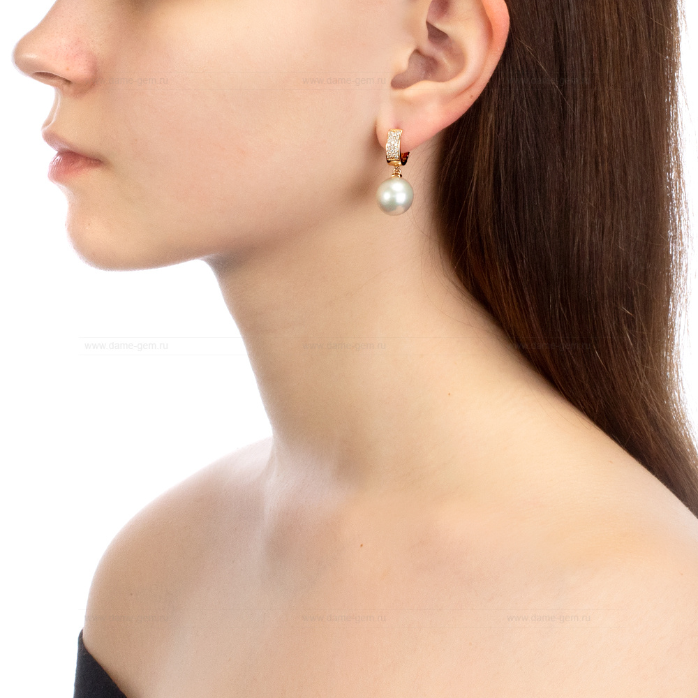 Серьги из серебра с японскими белыми жемчужинами 13-13,5 мм. Артикул 11367