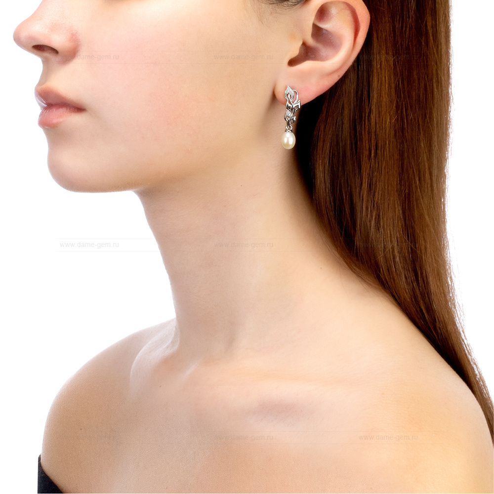 Серьги из серебра с белыми жемчужинами 7,5-8 мм. Артикул 12415