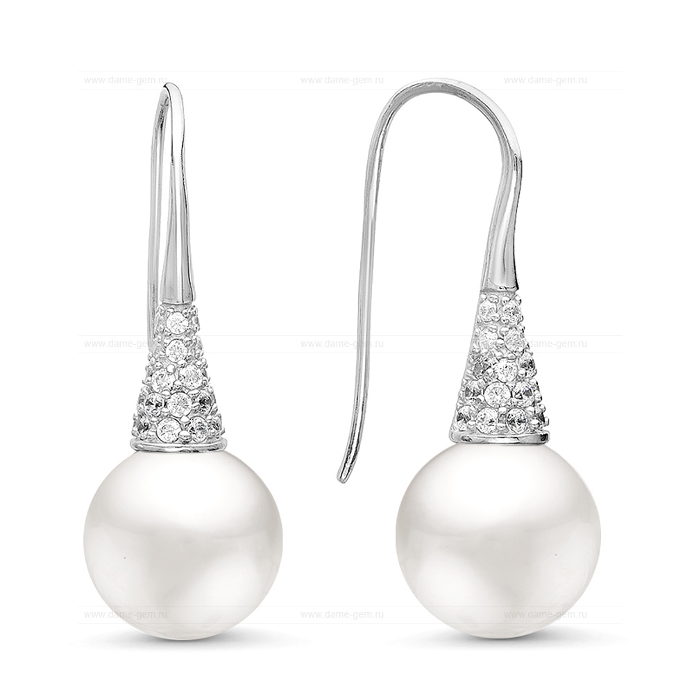 Серьги из серебра с белыми жемчужинами 8,5-9 мм. Артикул 11443