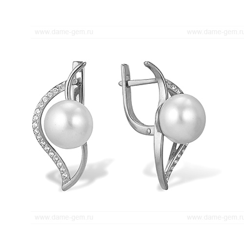 Серьги из белого золота с белыми жемчужинами 7,5-8 мм. Артикул 11989 Серьги из белого золота с белыми жемчужинами 7,5-8 мм. Артикул 11989