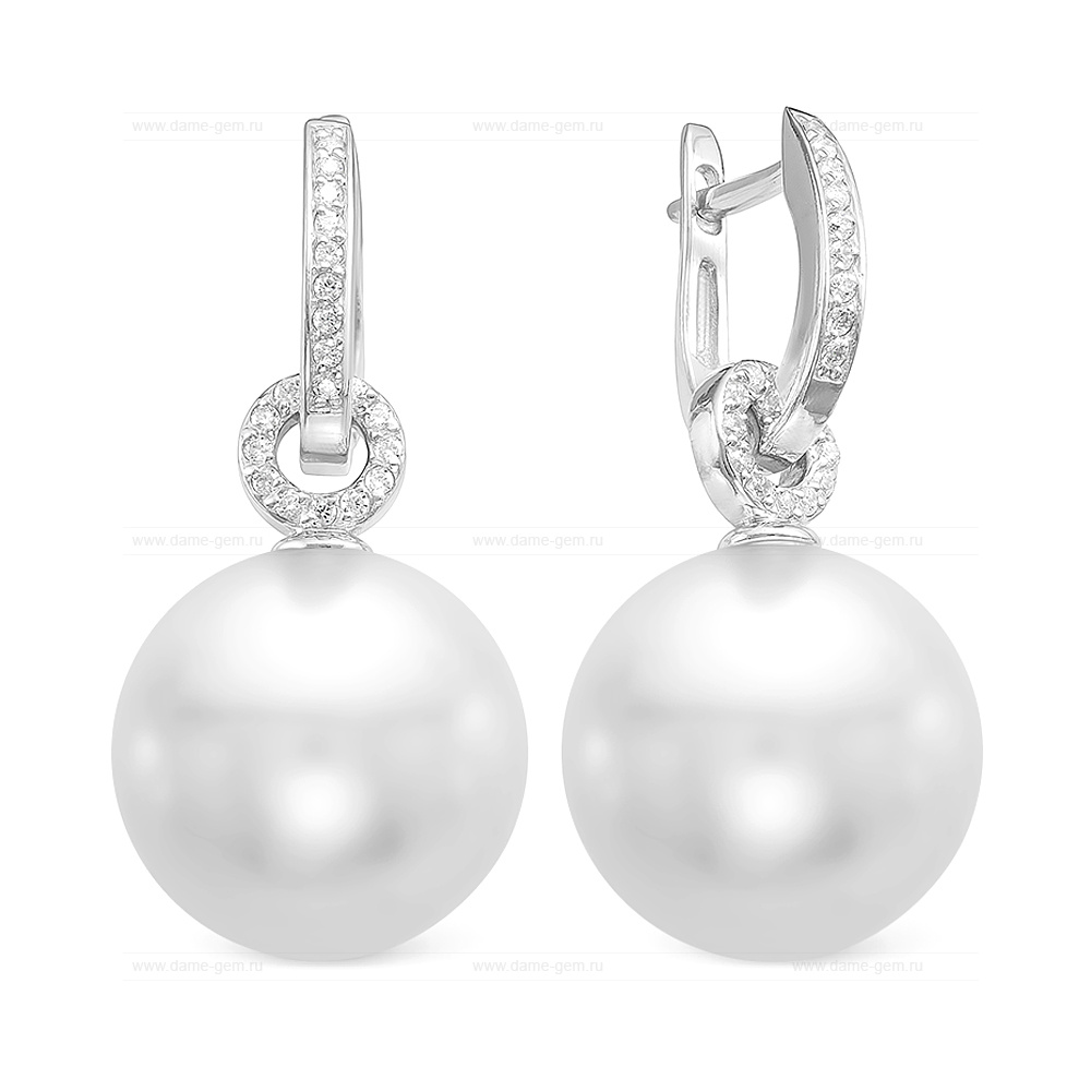 Серьги из серебра с японскими белыми жемчужинами 13-14 мм. Артикул 10387