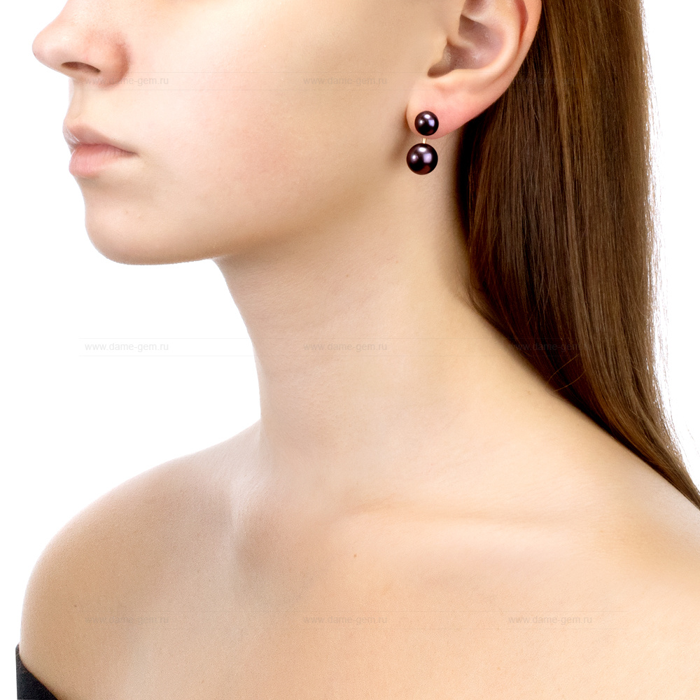 Двойные пусеты "Dior" из серебра с черными жемчужинами 8,5-11 мм. Артикул 11222