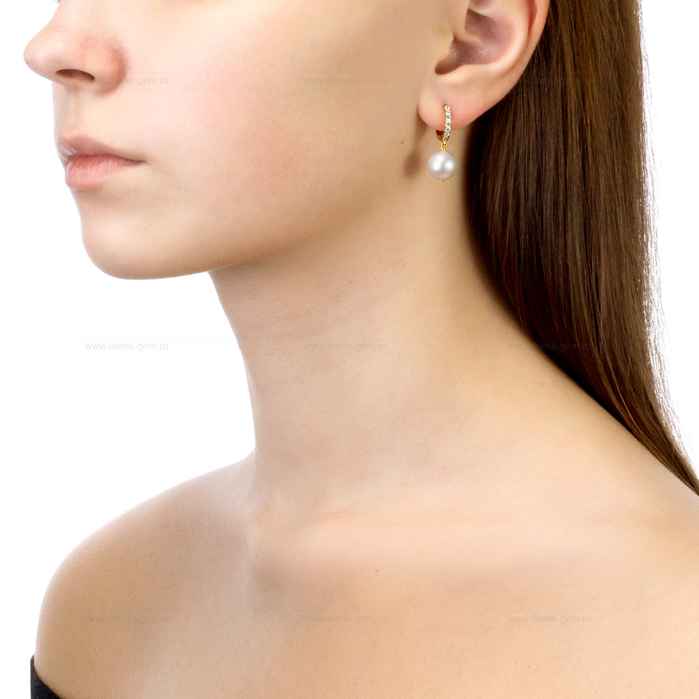 Серьги из серебра с белыми жемчужинами 9-10 мм. Артикул 11587