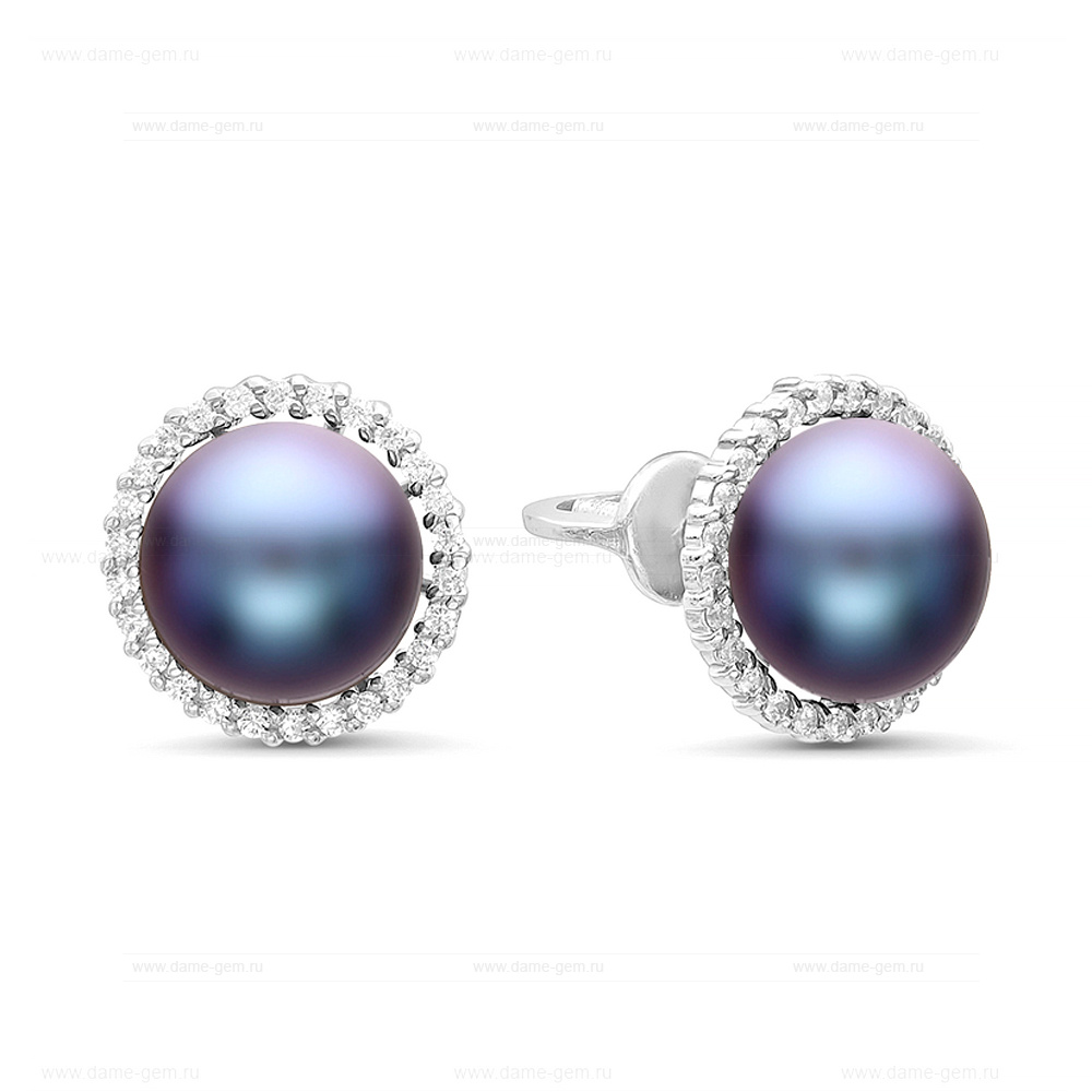 Серьги-пусеты из серебра с черными жемчужинами 8,5-9 мм. Артикул 11339