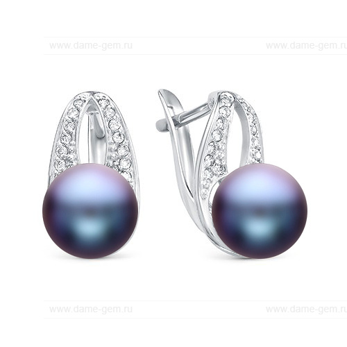 Серьги из серебра с черными жемчужинами 8,5-9 мм. Артикул 10407