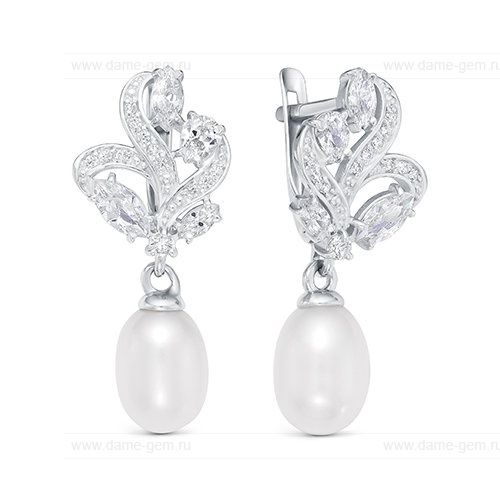 Серьги из серебра с белым каплевидным жемчугом 7,5-8 мм. Артикул 12392