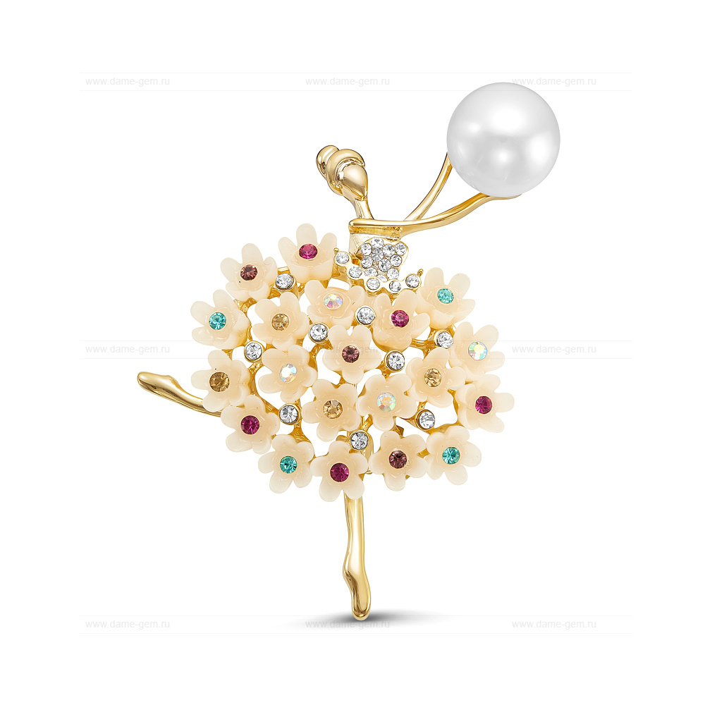Брошь "Балерина" с белой жемчужиной 9,5-10 мм. Артикул 11951