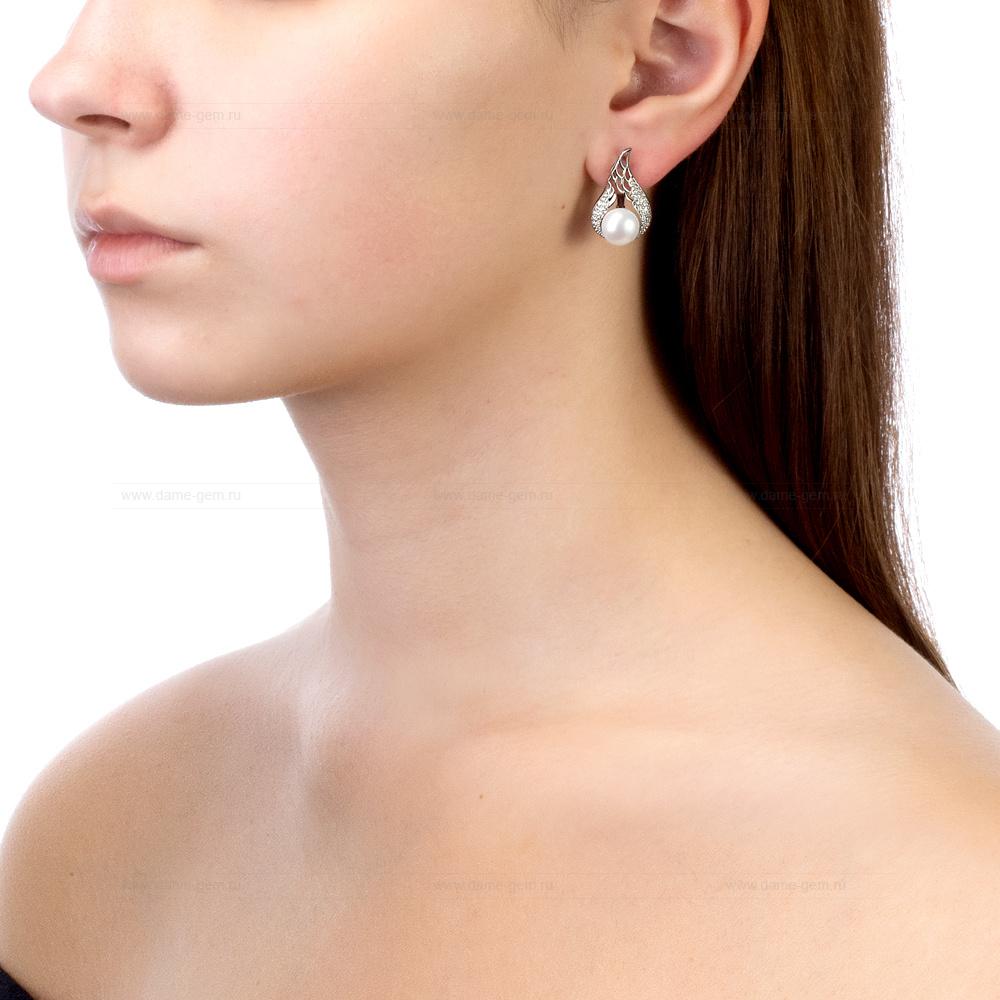 Серьги из серебра с белыми жемчужинами 8,5-9 мм. Артикул 12396