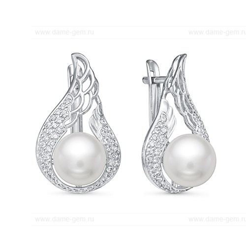 Серьги из серебра с белыми жемчужинами 8,5-9 мм. Артикул 12396