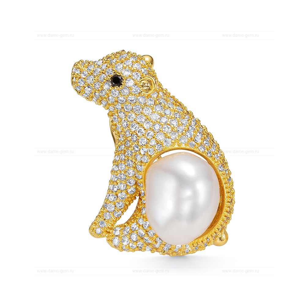 Брошь из сплава с белой речной барочной жемчужиной 11-12 мм. Артикул 11043