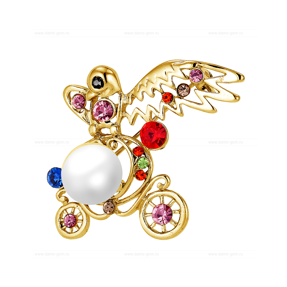 Брошь "Птица" из сплава с белой жемчужиной 10,5 мм. Артикул 12095