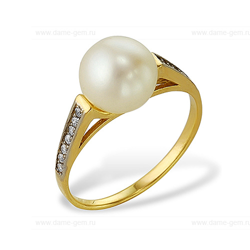 Кольцо из желтого золота 585 пробы с белой жемчужиной 7,5-8 мм. Артикул 12016