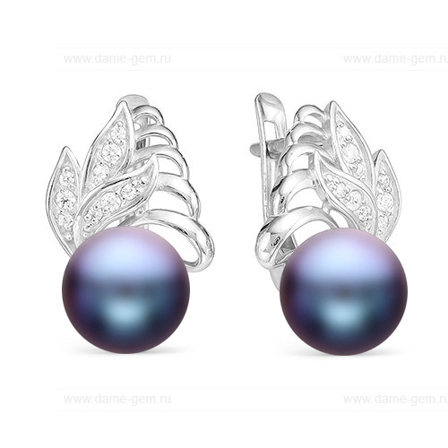 Серьги из серебра с черными жемчужинами 8,5-9 мм. Артикул 11757