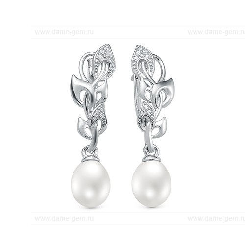 Серьги из серебра с белыми жемчужинами 7,5-8 мм. Артикул 12415