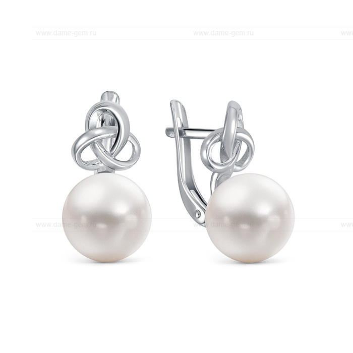 Серьги из белого золота с белыми жемчужинами 8,5-9 мм. Артикул 12849