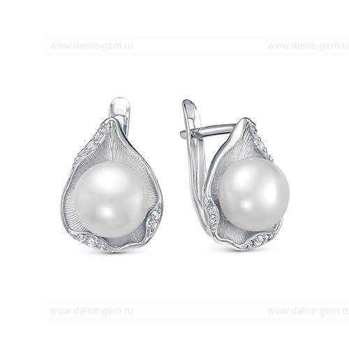 Серьги из серебра с белыми жемчужинами 8,5-9 мм. Артикул 11495