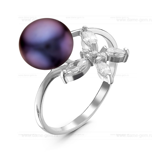 Кольцо из серебра 925 пробы с черной жемчужиной 8,5-9 мм. Артикул 10853